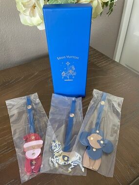 Louis Vuitton Multicolor Leather Bag Charms - Blue, Pink, Tan Set of 3